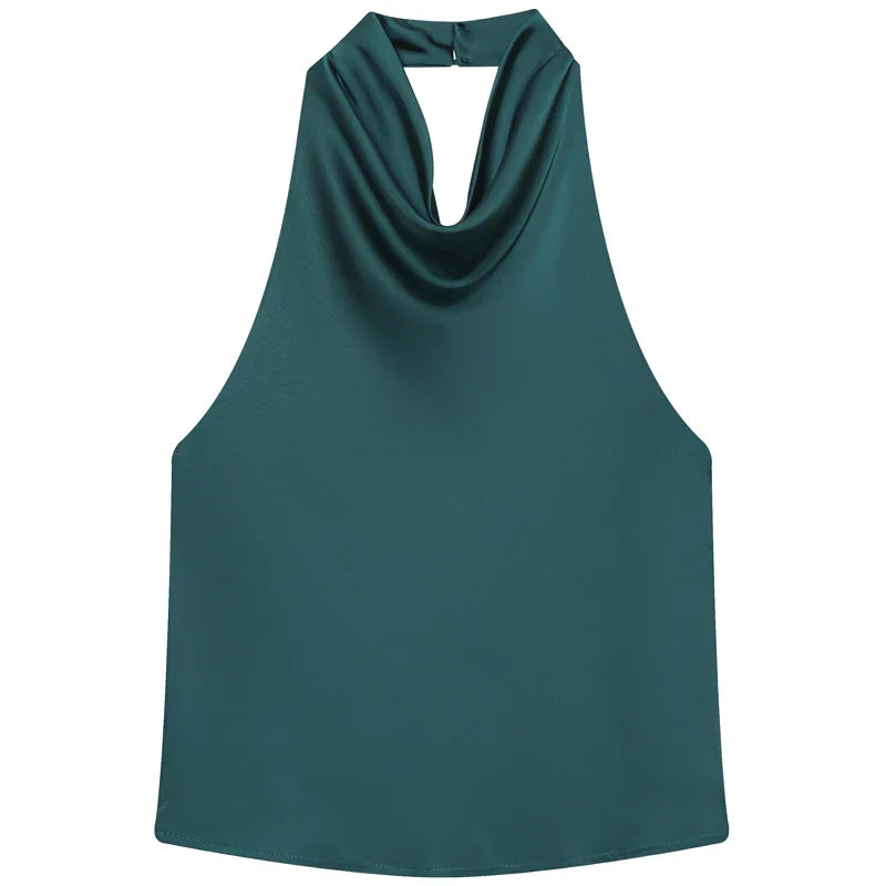 Women's Satin Halterneck Corset-Detail Open-Back Summer Top