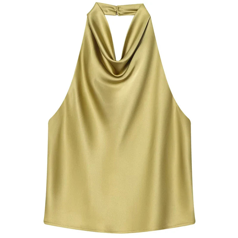 Women's Satin Halterneck Corset-Detail Open-Back Summer Top
