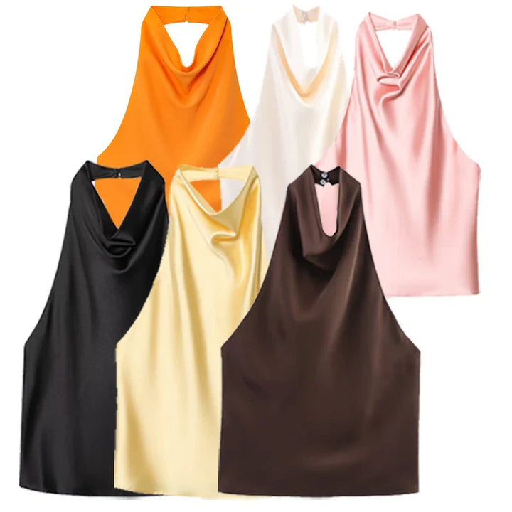 Women's Satin Halterneck Corset-Detail Open-Back Summer Top