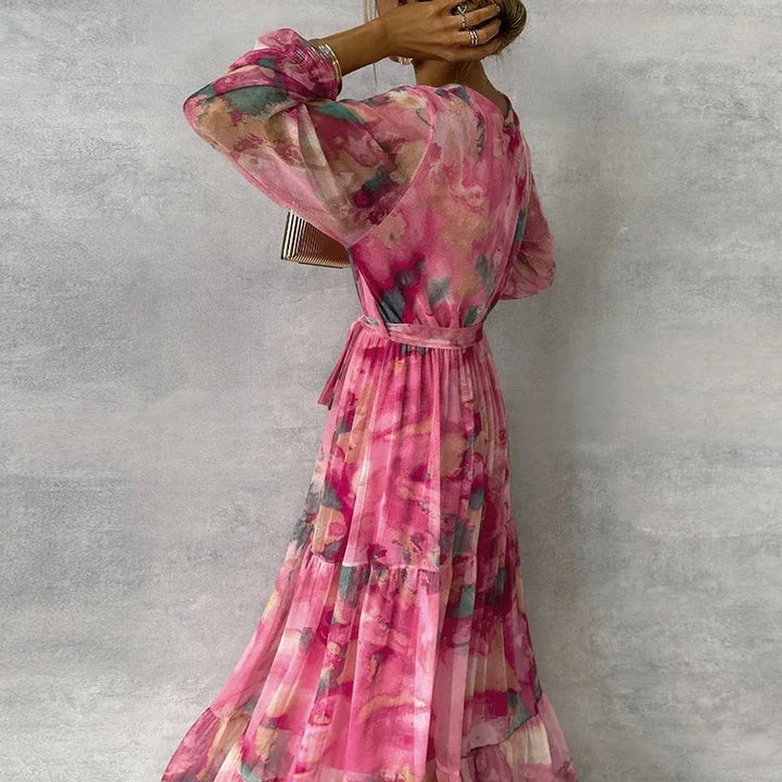 Katie | Women's Floral Ankle-Length Dress with Waist Tie