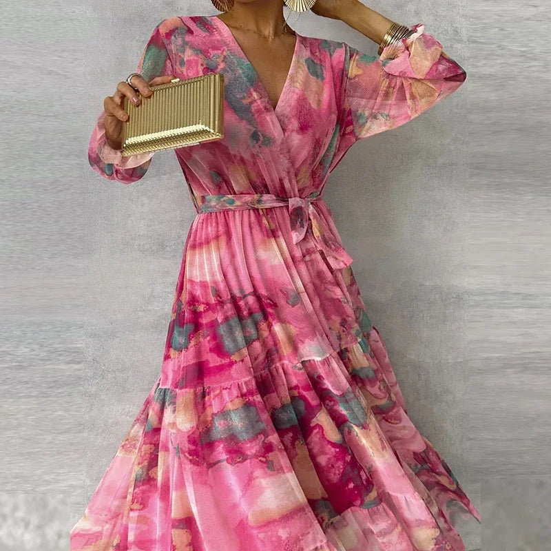 Katie | Women's Floral Ankle-Length Dress with Waist Tie