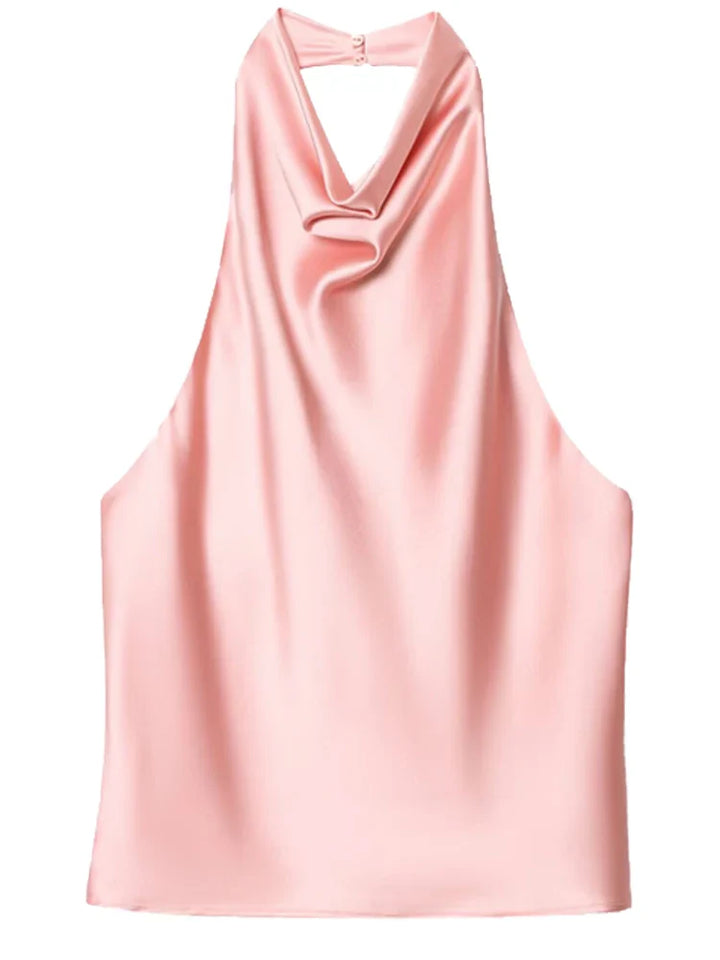 Women's Satin Halterneck Corset-Detail Open-Back Summer Top