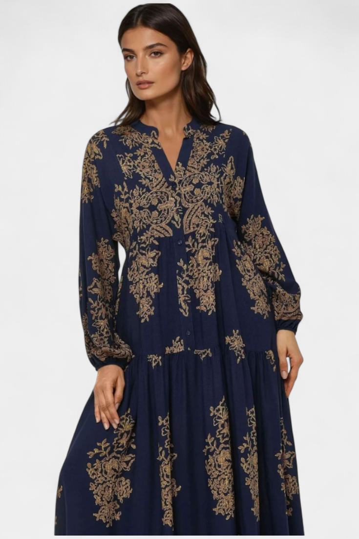 Women's Boho Vintage Print Maxi Shirt Dress