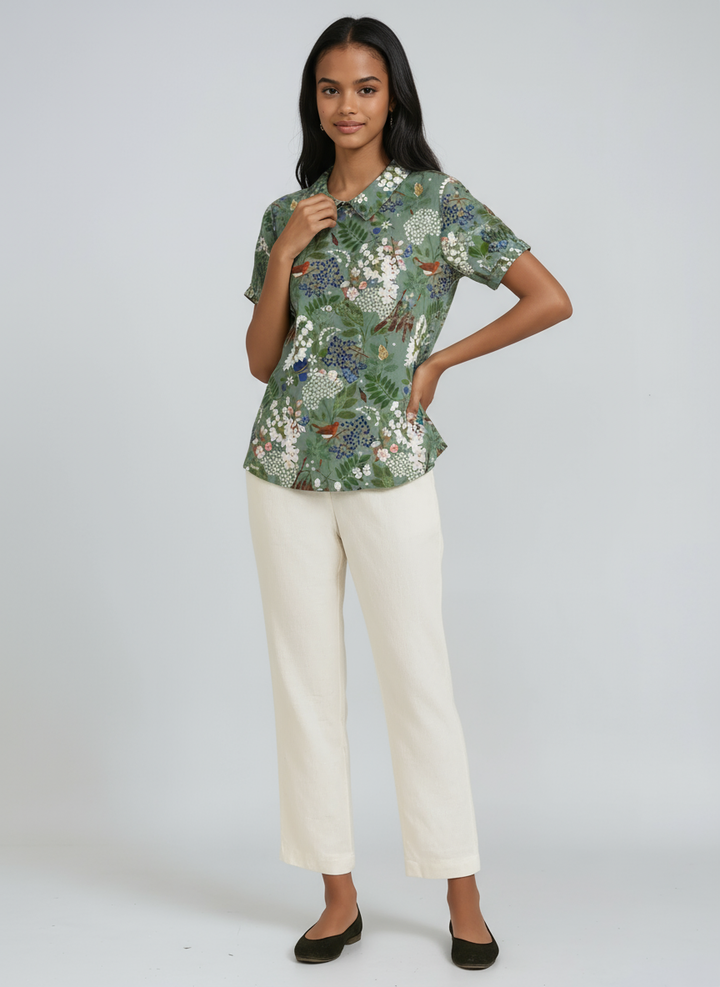 Women's GREEN LINEN BLOUSE WITH FLORAL EMBROIDERY