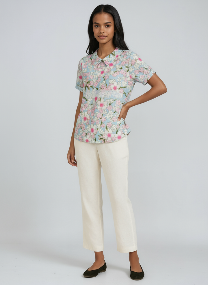 Women's GREEN LINEN BLOUSE WITH FLORAL EMBROIDERY