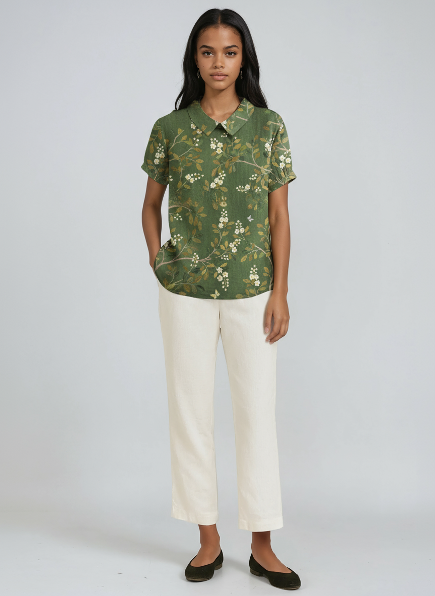 Women's GREEN LINEN BLOUSE WITH FLORAL EMBROIDERY