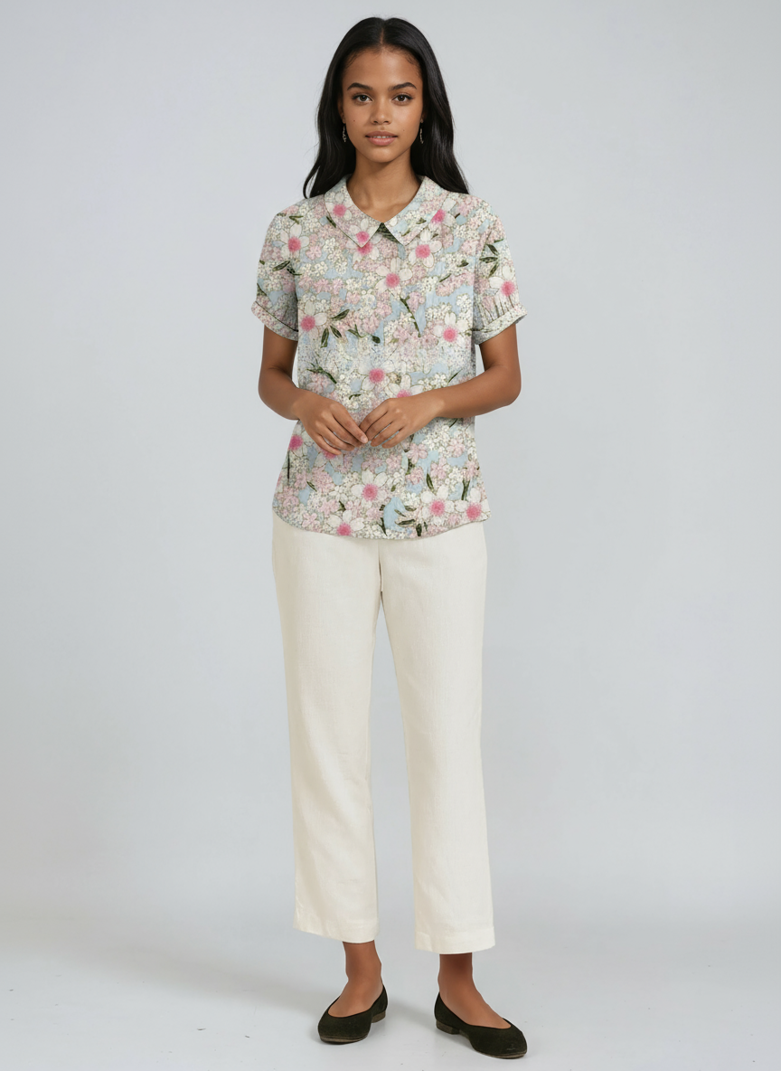Women's GREEN LINEN BLOUSE WITH FLORAL EMBROIDERY