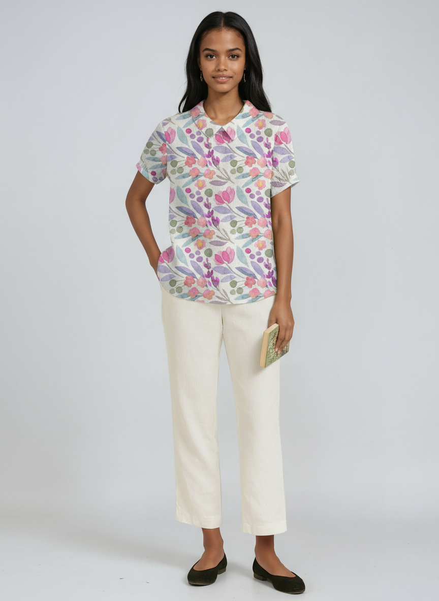 Women's GREEN LINEN BLOUSE WITH FLORAL EMBROIDERY