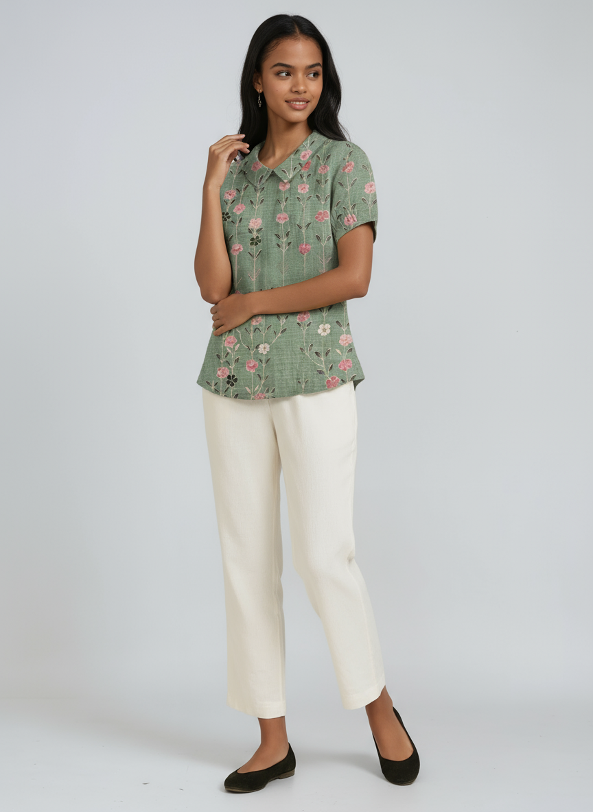 Women's GREEN LINEN BLOUSE WITH FLORAL EMBROIDERY