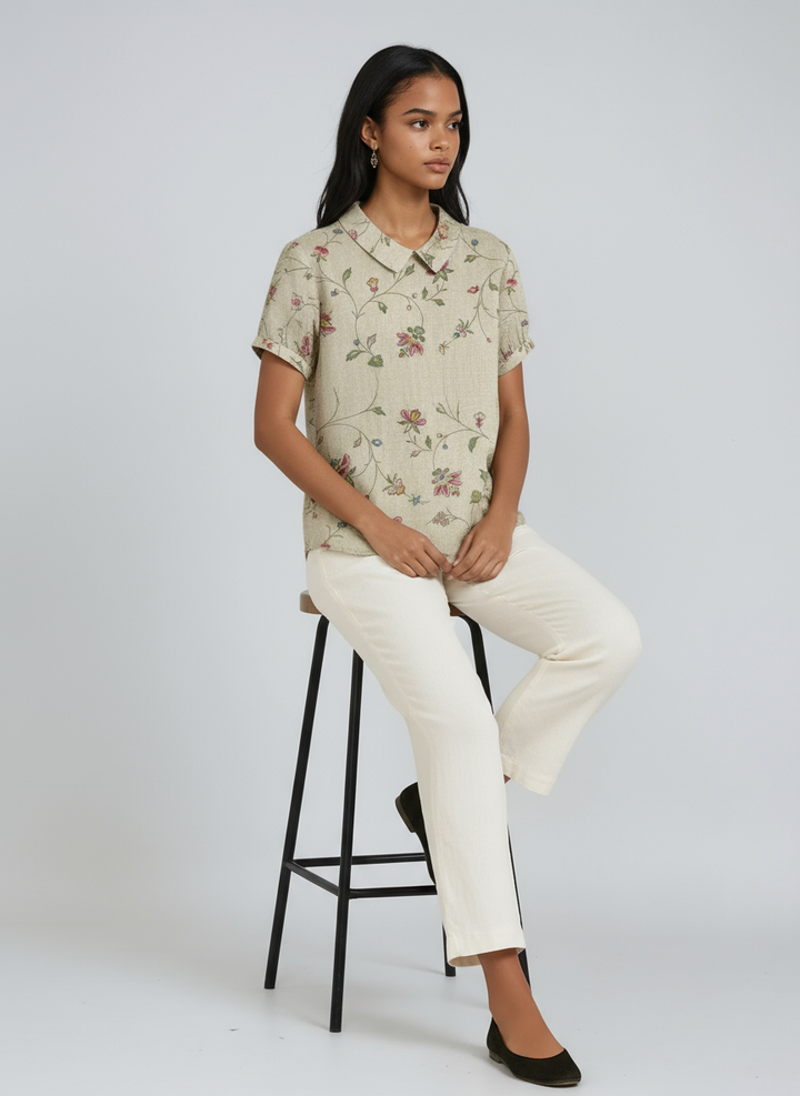 Women's GREEN LINEN BLOUSE WITH FLORAL EMBROIDERY