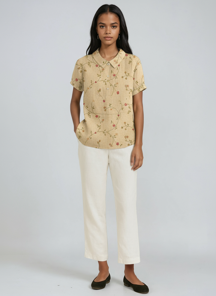 Women's GREEN LINEN BLOUSE WITH FLORAL EMBROIDERY