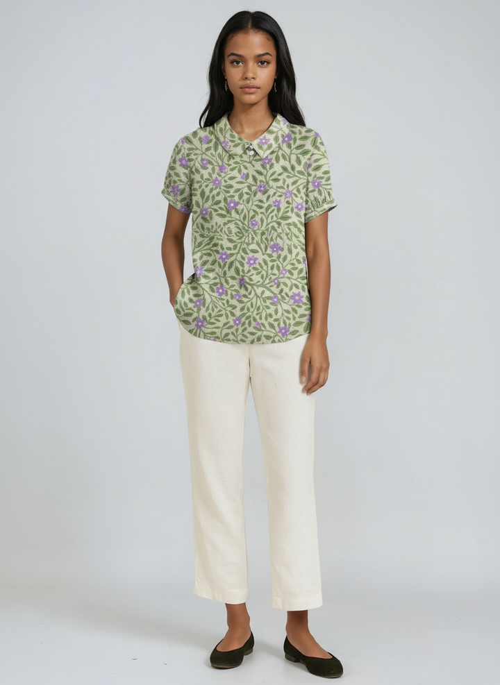 Women's GREEN LINEN BLOUSE WITH FLORAL EMBROIDERY