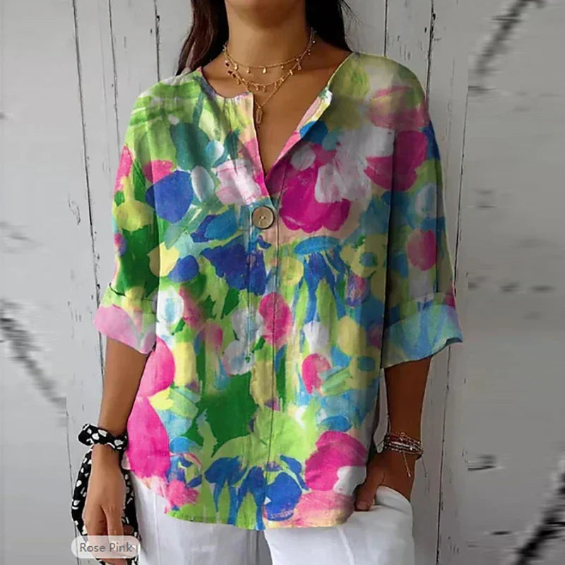 Women's ELEGANT LINEN-COTTON BLOUSE WITH FLORAL PRINT