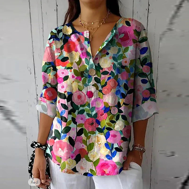 Women's ELEGANT LINEN-COTTON BLOUSE WITH FLORAL PRINT
