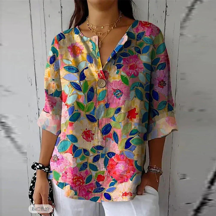 Women's ELEGANT LINEN-COTTON BLOUSE WITH FLORAL PRINT