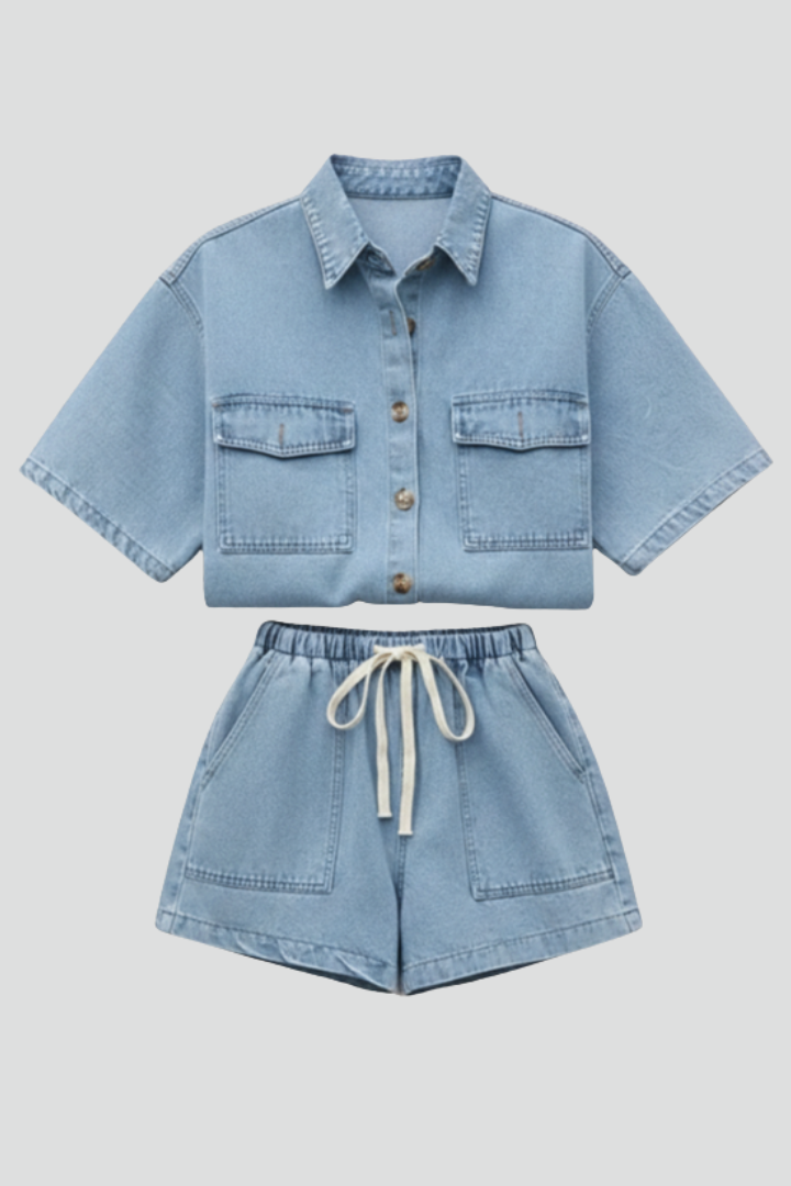 Women's Denim Set with Short Sleeves and Shorts