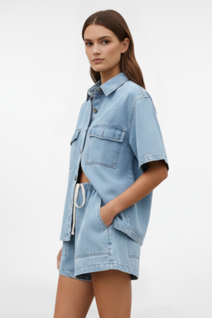 Women's Denim Set with Short Sleeves and Shorts