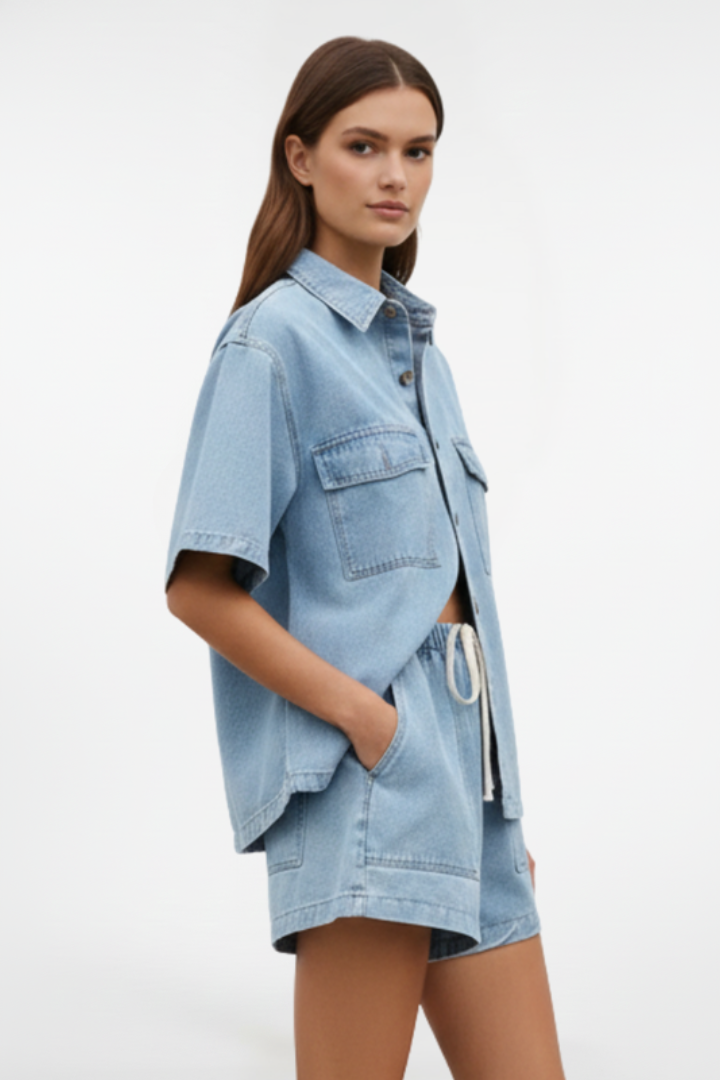 Women's Denim Set with Short Sleeves and Shorts