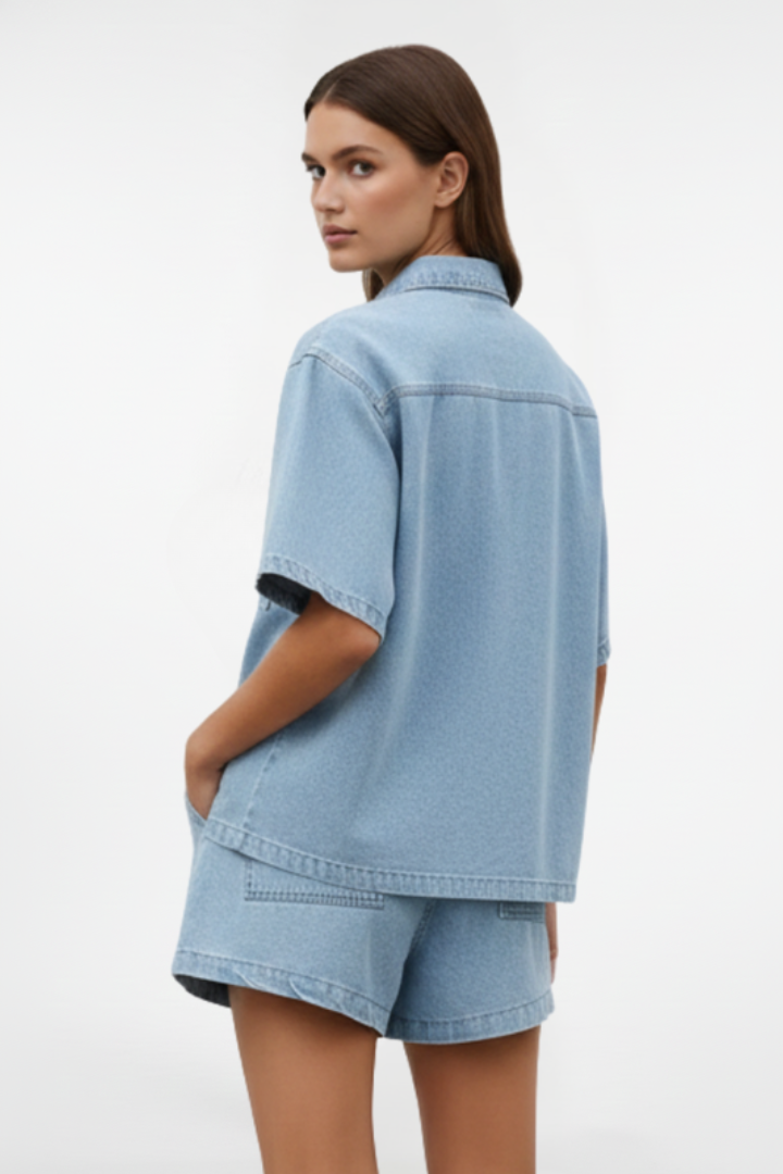 Women's Denim Set with Short Sleeves and Shorts