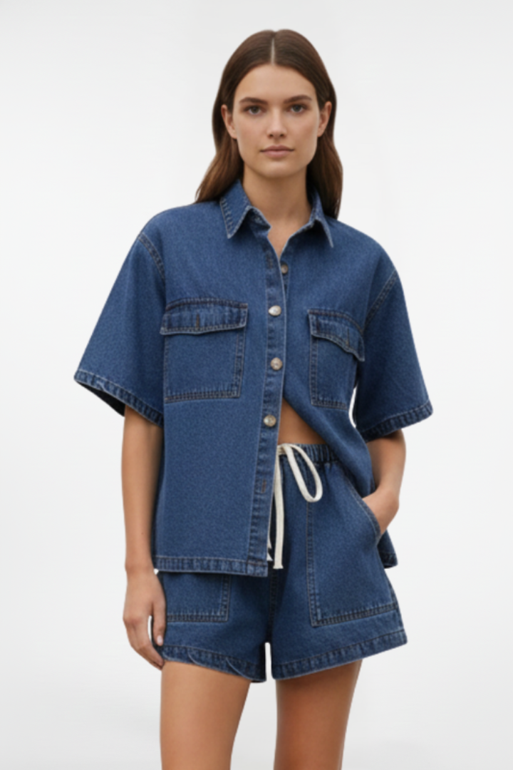 Women's Denim Set with Short Sleeves and Shorts