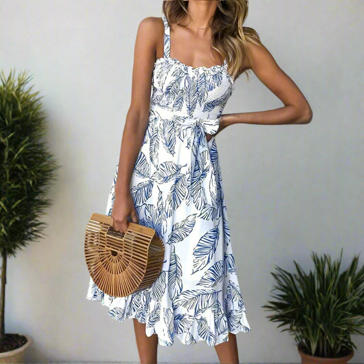 Women's Women’s Sleeveless Midi Dress with Ruffle Neckline, Tie Waist and Leaf Print