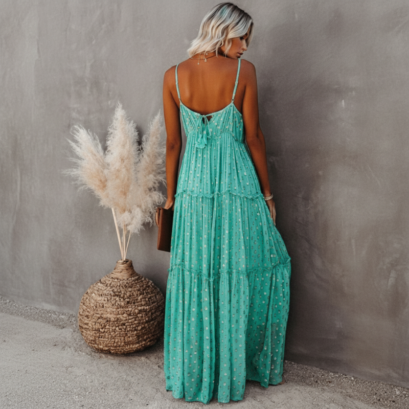 Women's Women’s Sleeveless V-Neck Tiered Maxi Dress with Spaghetti Straps and Back Tie Detail