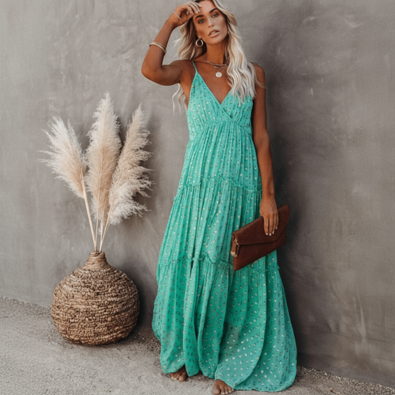 Women's Women’s Sleeveless V-Neck Tiered Maxi Dress with Spaghetti Straps and Back Tie Detail