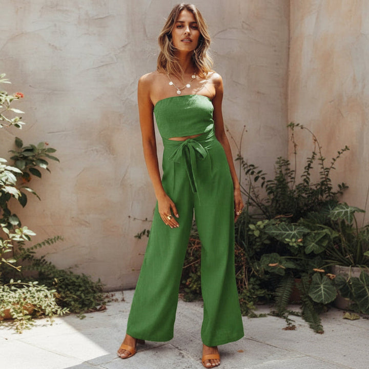 Women's Strapless Bandeau Crop Top and High-Waist Wide-Leg Trouser Set - Self-Tie Evening Two-Piece Suit