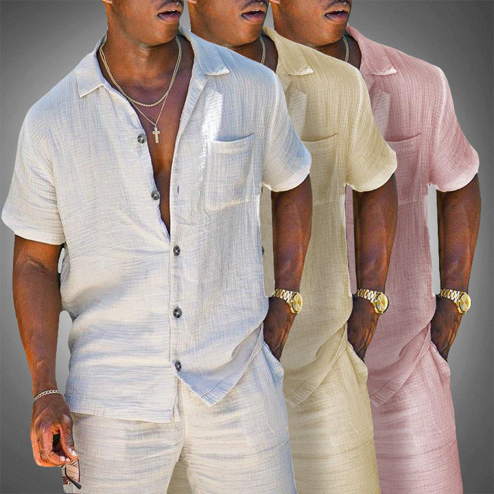 Men's Linen Short Sleeve Shirt & Shorts Set - Two-Piece Summer Outfit - Holiday Co-Ord