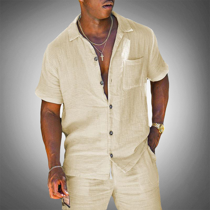 Men's Linen Short Sleeve Shirt & Shorts Set - Two-Piece Summer Outfit - Holiday Co-Ord