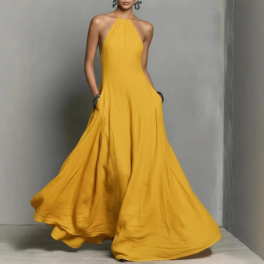 Women's Halter Neck Sleeveless Linen Blend Maxi Dress