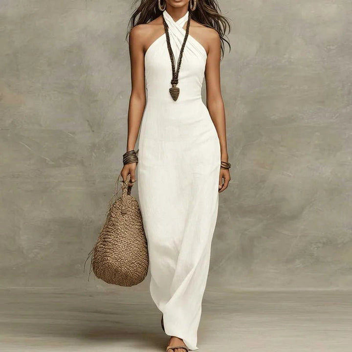 Women's Halter Maxi Dress Criss Cross Neckline Sleeveless Bohemian
