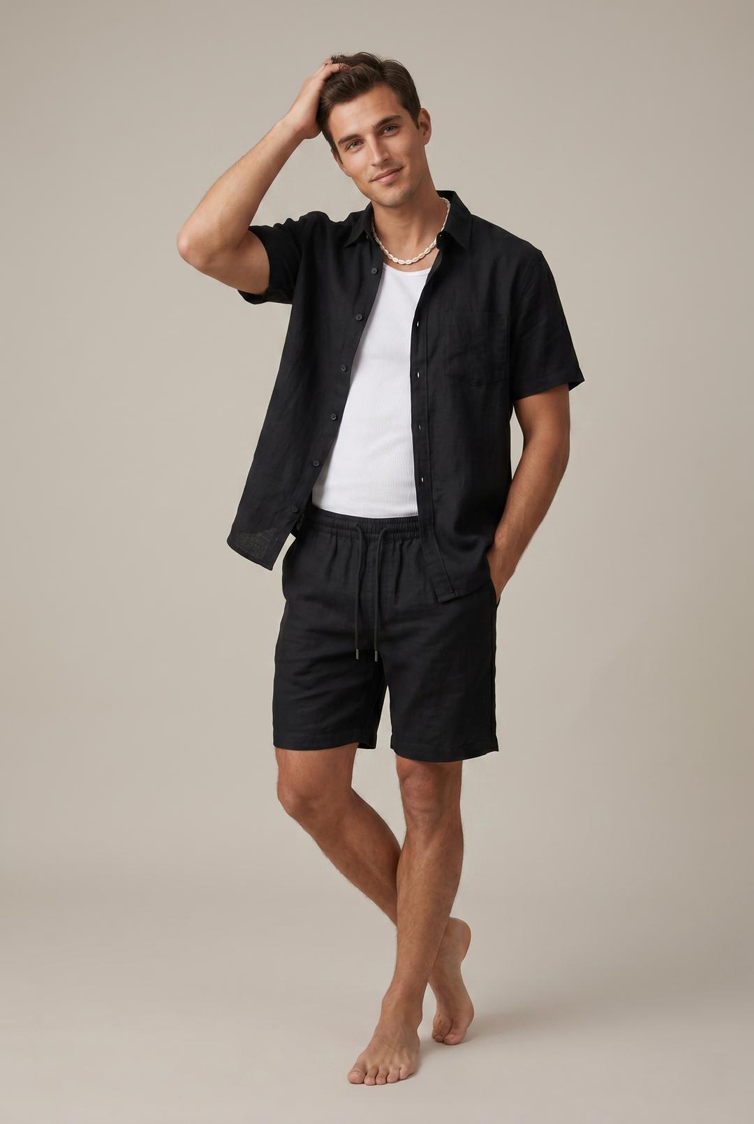 Men's Short Sleeve Linen Blend Shirt - Drawstring Shorts Two-Piece Set