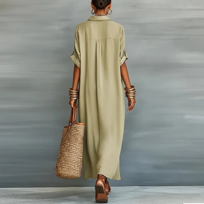 Women's Linen Maxi Shirt Dress Button Down Short Sleeve Relaxed