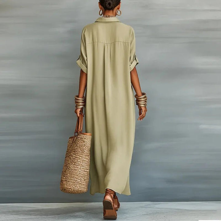 Women's Linen Maxi Shirt Dress Button Down Short Sleeve Relaxed