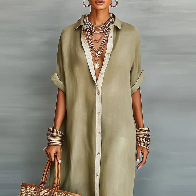Women's Linen Maxi Shirt Dress Button Down Short Sleeve Relaxed