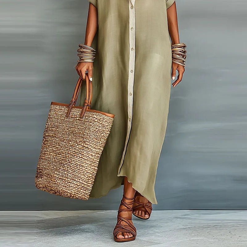 Women's Linen Maxi Shirt Dress Button Down Short Sleeve Relaxed