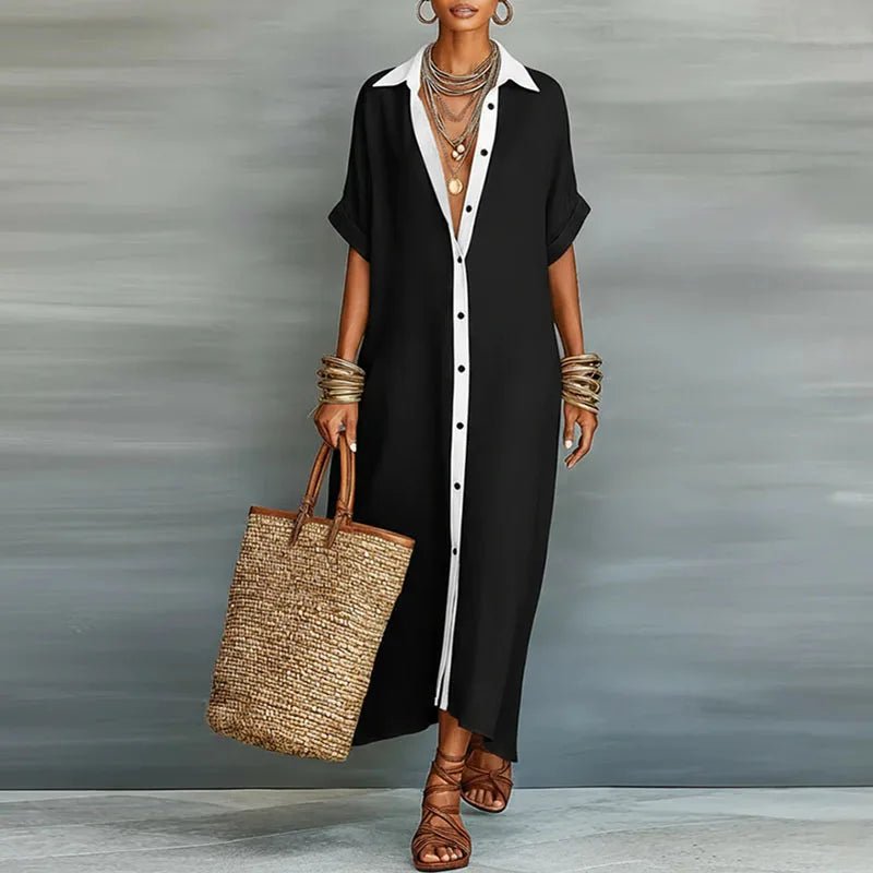 Women's Linen Maxi Shirt Dress Button Down Short Sleeve Relaxed
