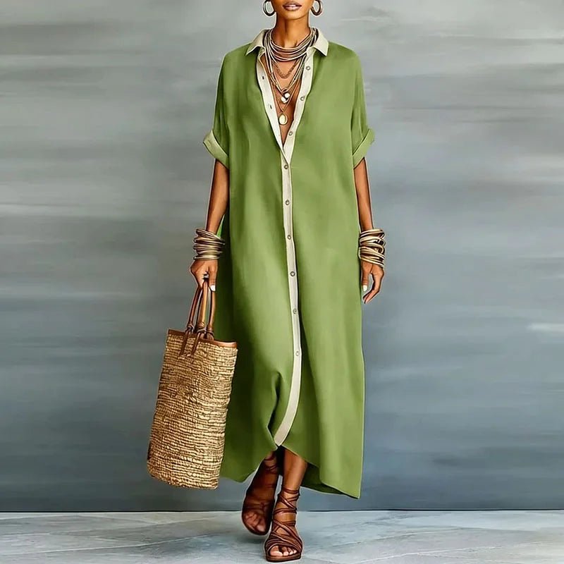 Women's Linen Maxi Shirt Dress Button Down Short Sleeve Relaxed
