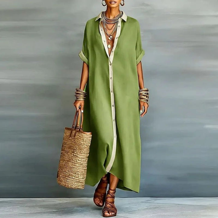 Women's Linen Maxi Shirt Dress Button Down Short Sleeve Relaxed