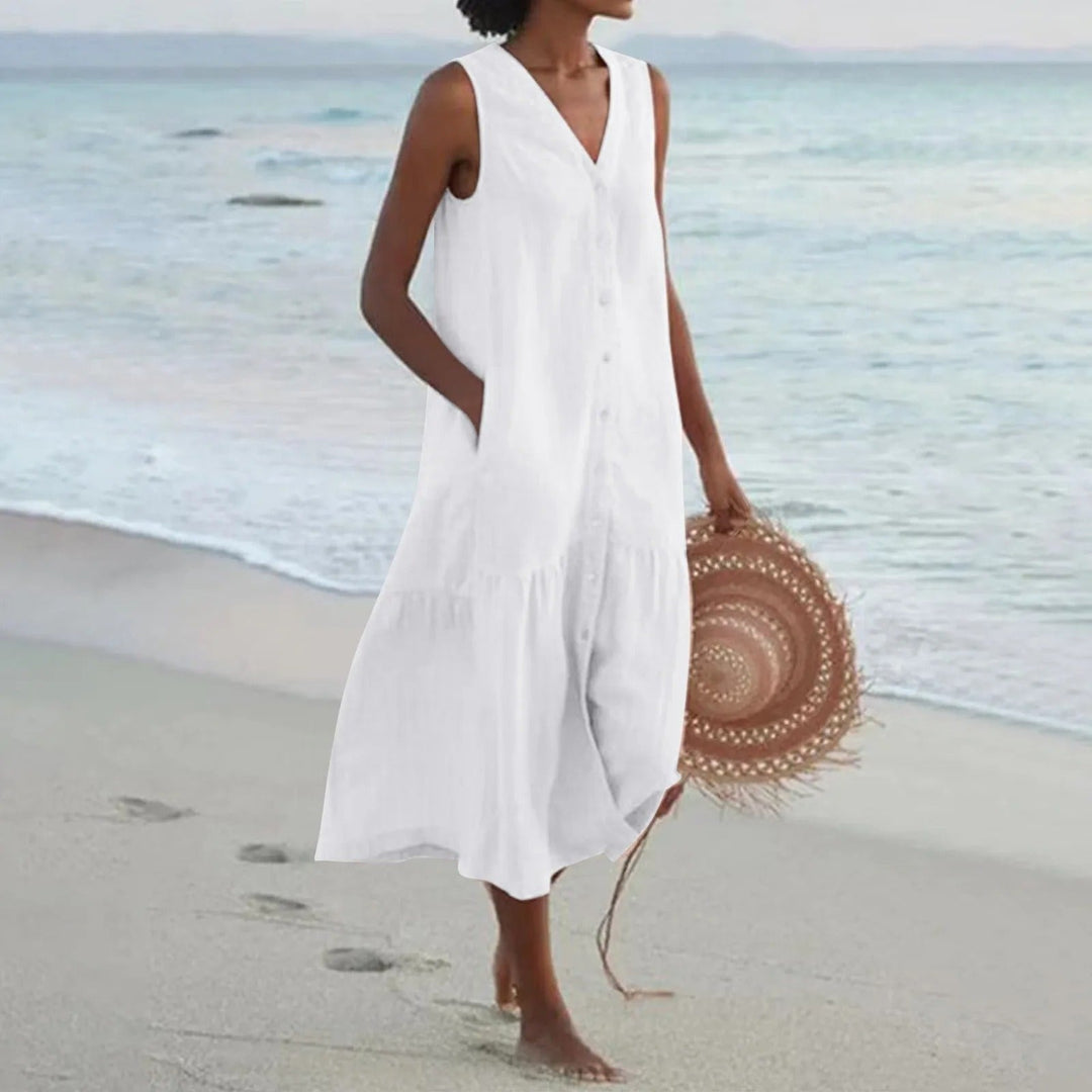 Women's Sleeveless Linen Boho Midi Dress with Button-Front and Tiered Hem