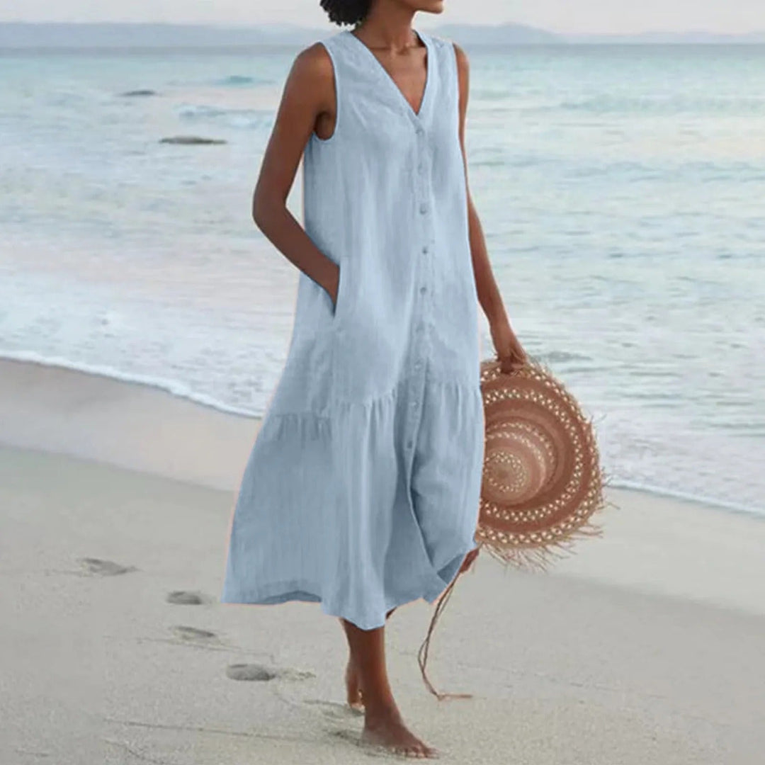 Women's Sleeveless Linen Boho Midi Dress with Button-Front and Tiered Hem