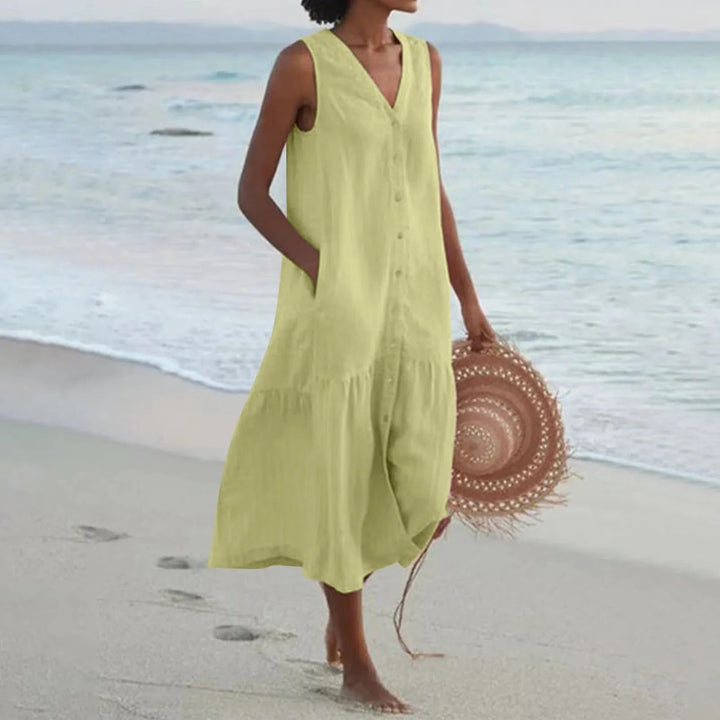Women's Sleeveless Linen Boho Midi Dress with Button-Front and Tiered Hem