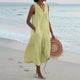 Women's Sleeveless Linen Boho Midi Dress with Button-Front and Tiered Hem