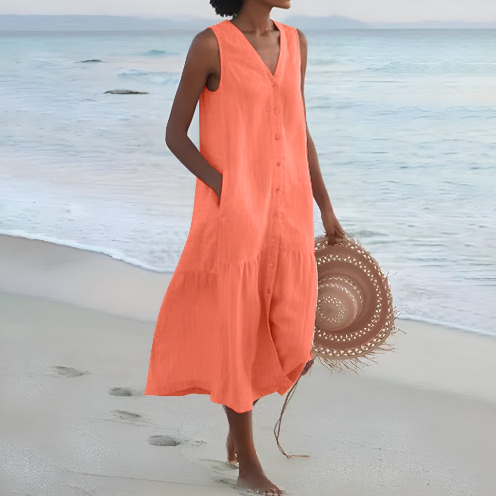Women's Sleeveless Linen Boho Midi Dress with Button-Front and Tiered Hem