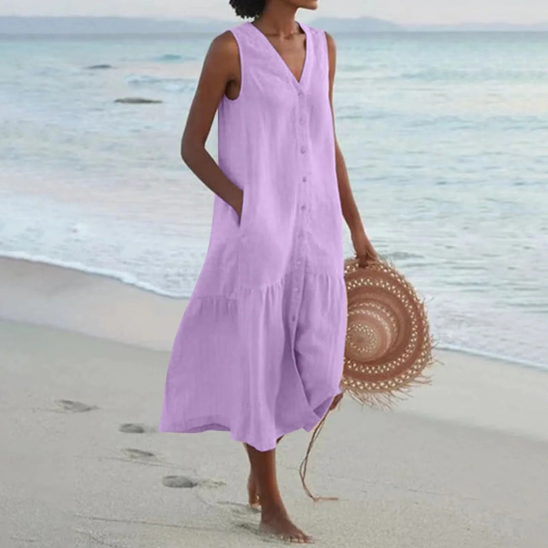 Women's Sleeveless Linen Boho Midi Dress with Button-Front and Tiered Hem