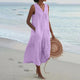 Women's Sleeveless Linen Boho Midi Dress with Button-Front and Tiered Hem