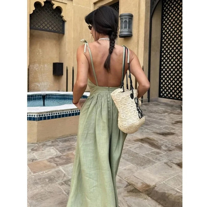 Women's Linen Sleeveless Open-Back Maxi Dress with Adjustable Tie