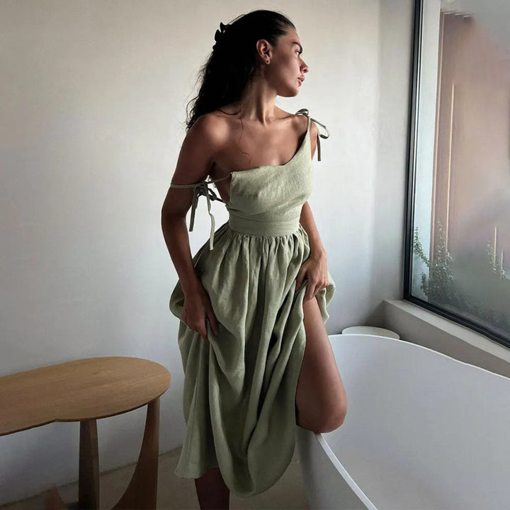 Women's Linen Sleeveless Open-Back Maxi Dress with Adjustable Tie