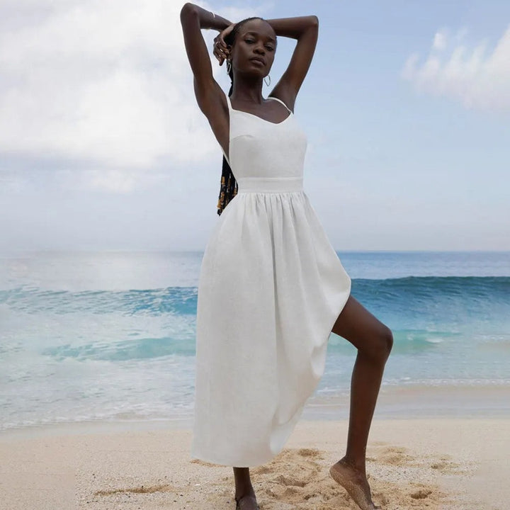 Women's Linen Sleeveless Open-Back Maxi Dress with Adjustable Tie